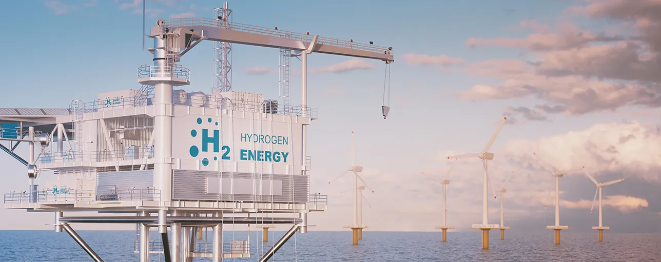 Close up view of offshore hydrogen production through a hydrogen rig platform with an offshore wind turbine farm  - in the middle of the sea